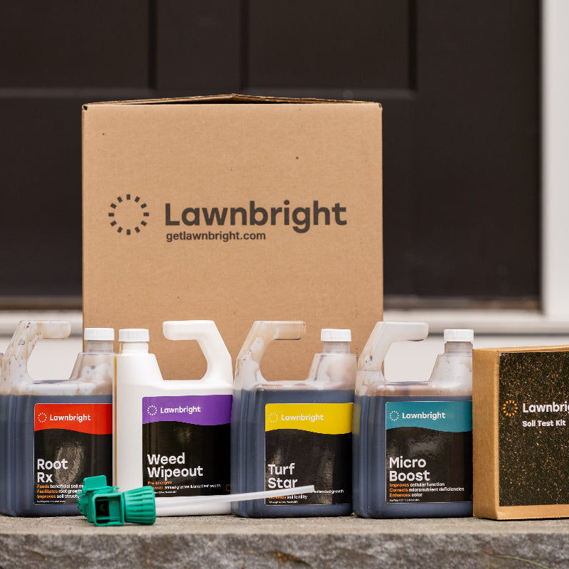 Box of lawnbright products on stairs