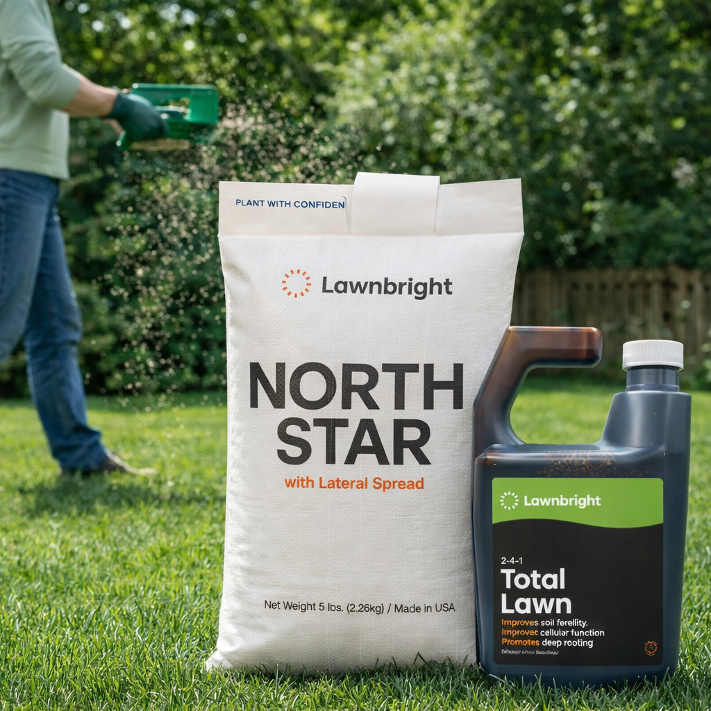 Person applying lawn seed with a bag and bottle of Lawnbright products on a grassy area.