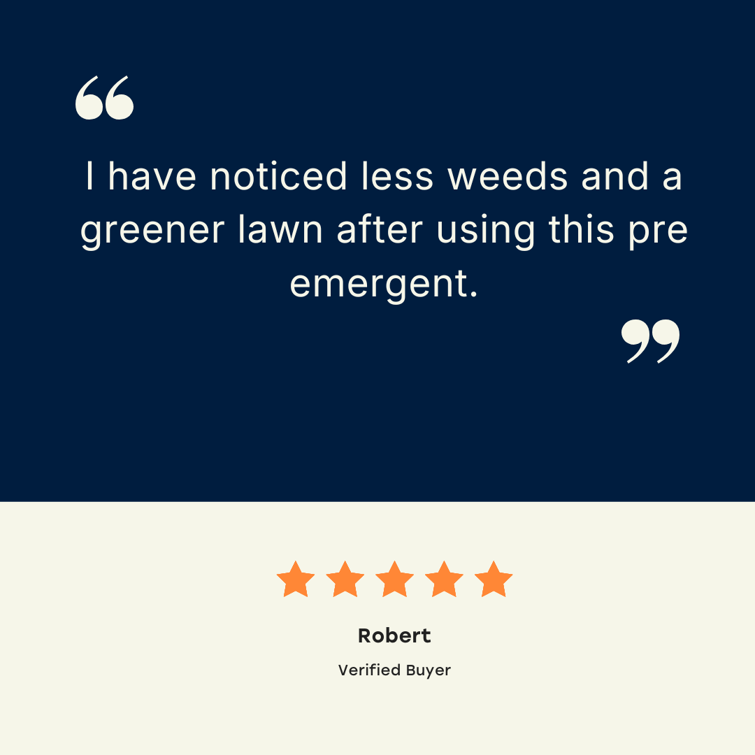 Quote from a verified buyer praising a pre-emergent product for reducing weeds and improving lawn greenery.