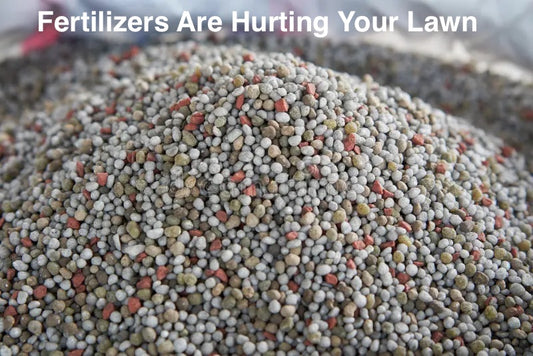 Close-up of a mound of granular fertilizer with text Fertilizers Are Hurting Your Lawn, written above.