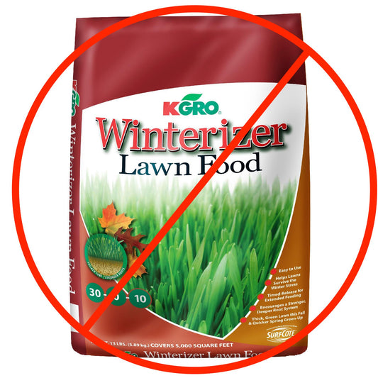 A bag of Koro Winterizer Lawn Food with a red circle and slash indicating it should not be used.