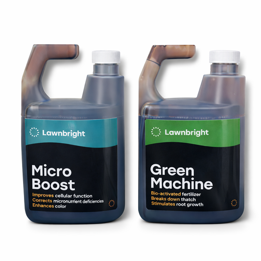 Two bottles of Lawnbright products on a white background