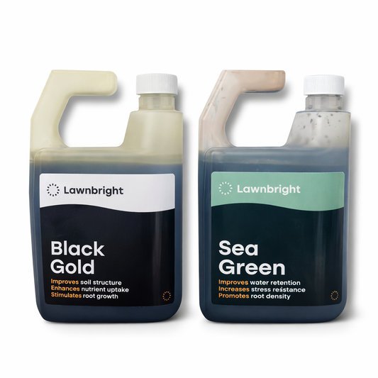 Two bottles of Lawnbright plant nutrients labeled 'Black Gold' and 'Sea Green' on a white background.