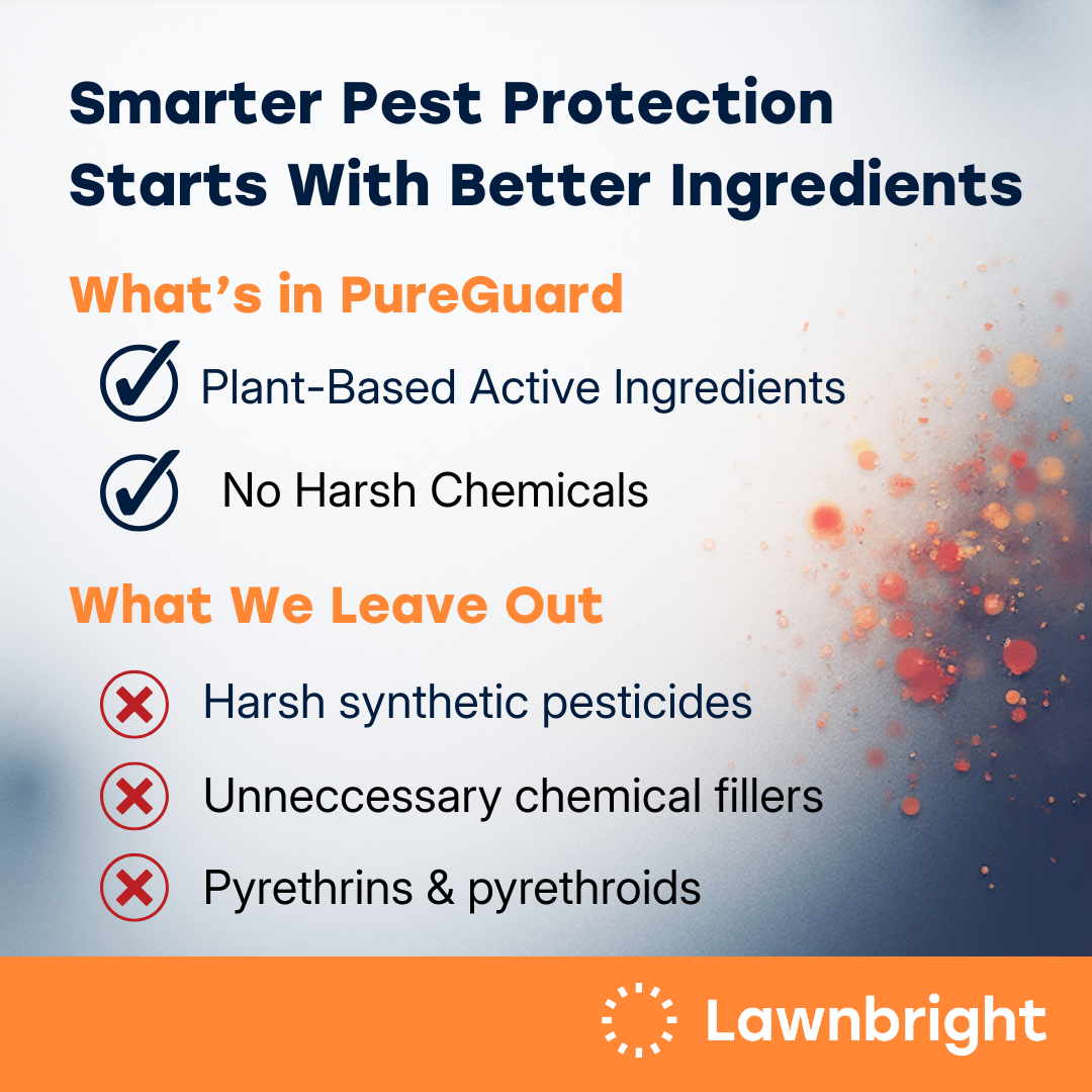 a placard for Lawnbright's PureGuard pest control product highlighting plant-based active ingredients and no harsh chemicals.