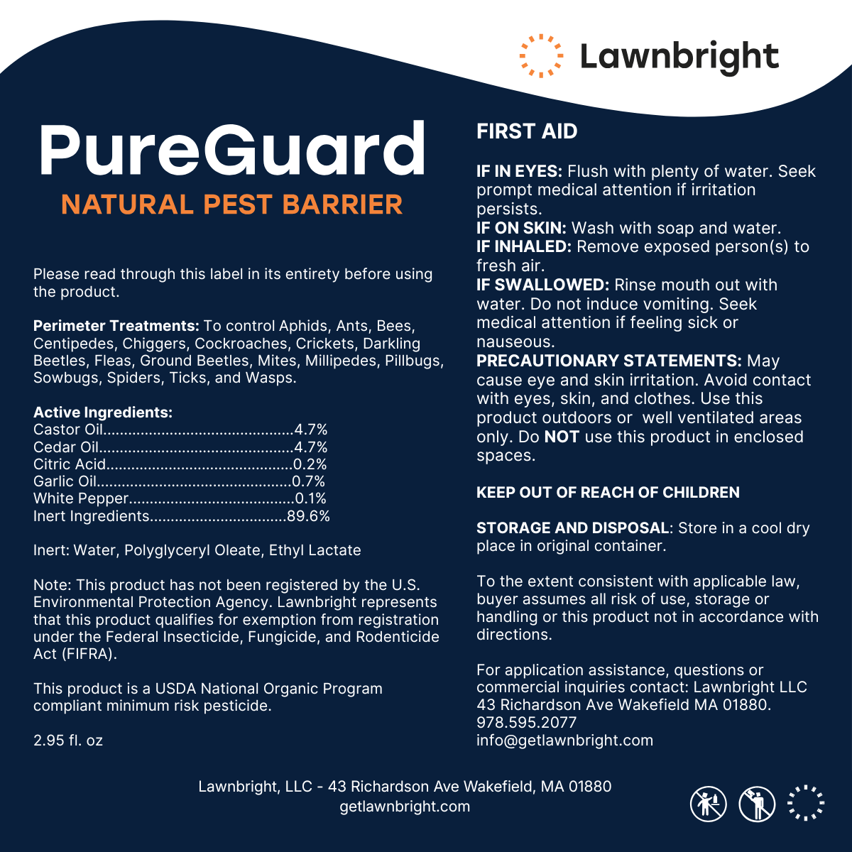 Lawnbright PureGuard Natural Pest Barrier label with product details and safety information.
