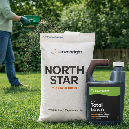 Person applying lawn seed with a bag and bottle of Lawnbright products on a grassy area.