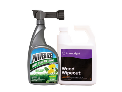 Two bottles of lawn care products, one labeled 'Pulverize' and the other 'Lawnbright Weed Wipeout', on a white background.
