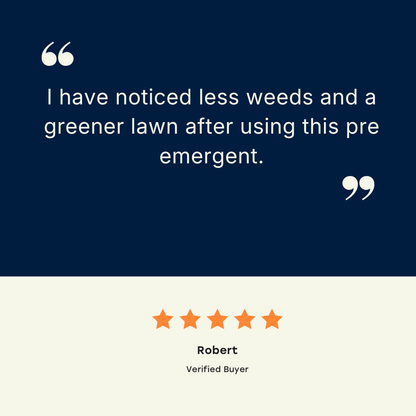 Quote from a verified buyer praising a pre-emergent product for reducing weeds and improving lawn greenery.