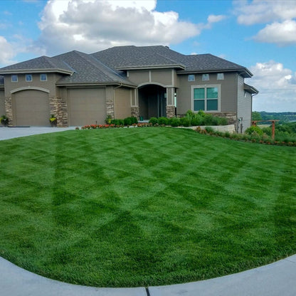 Beautifully manicured lawn with a crisscross pattern in front of a modern suburban home.